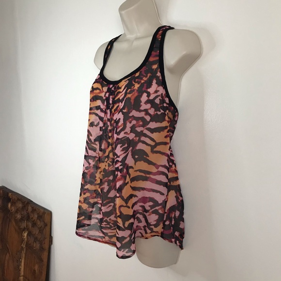 XHILARATION Sheer Black Orange Animal Print Pleated Center Racerback Tank Wmn M - Picture 3 of 13